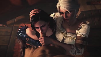 Witcher 3 Double BlowJob - Ciri and Yennefer sucking Geralt's Dick